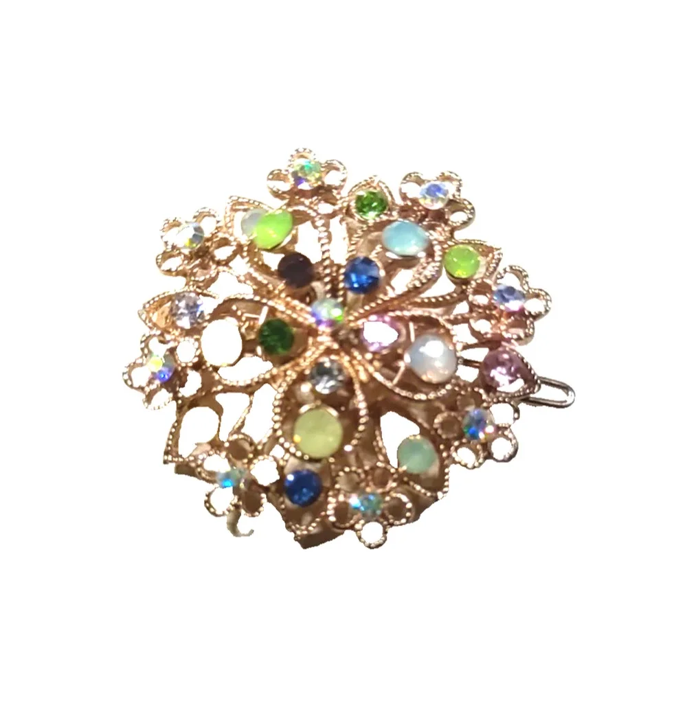 Hair Barrette Floral design Rhinestone Elegant Feminine Green Yellow Gold...